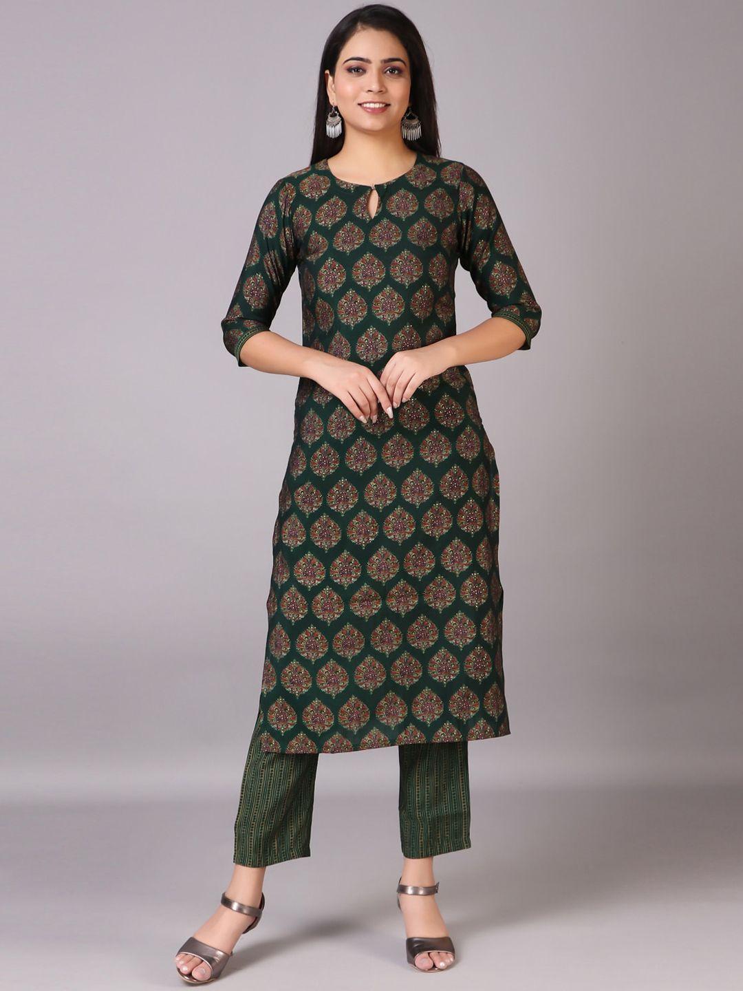 v tradition women green ethnic motifs printed kurta with trousers
