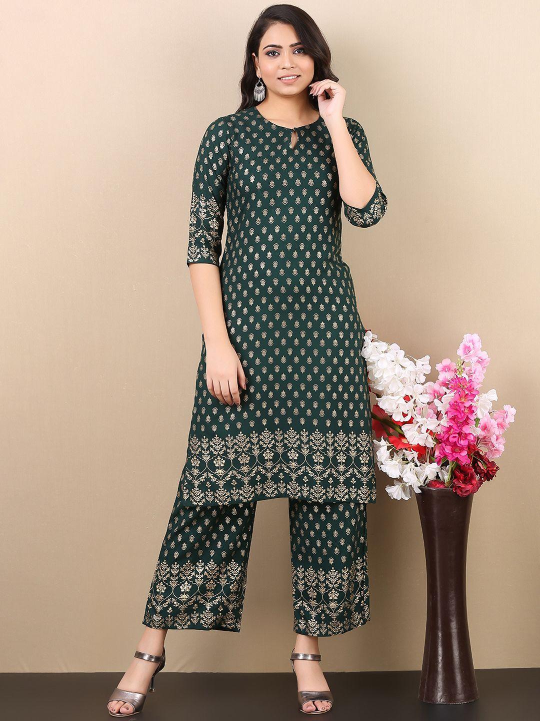 v tradition women green ethnic motifs printed kurta with trousers