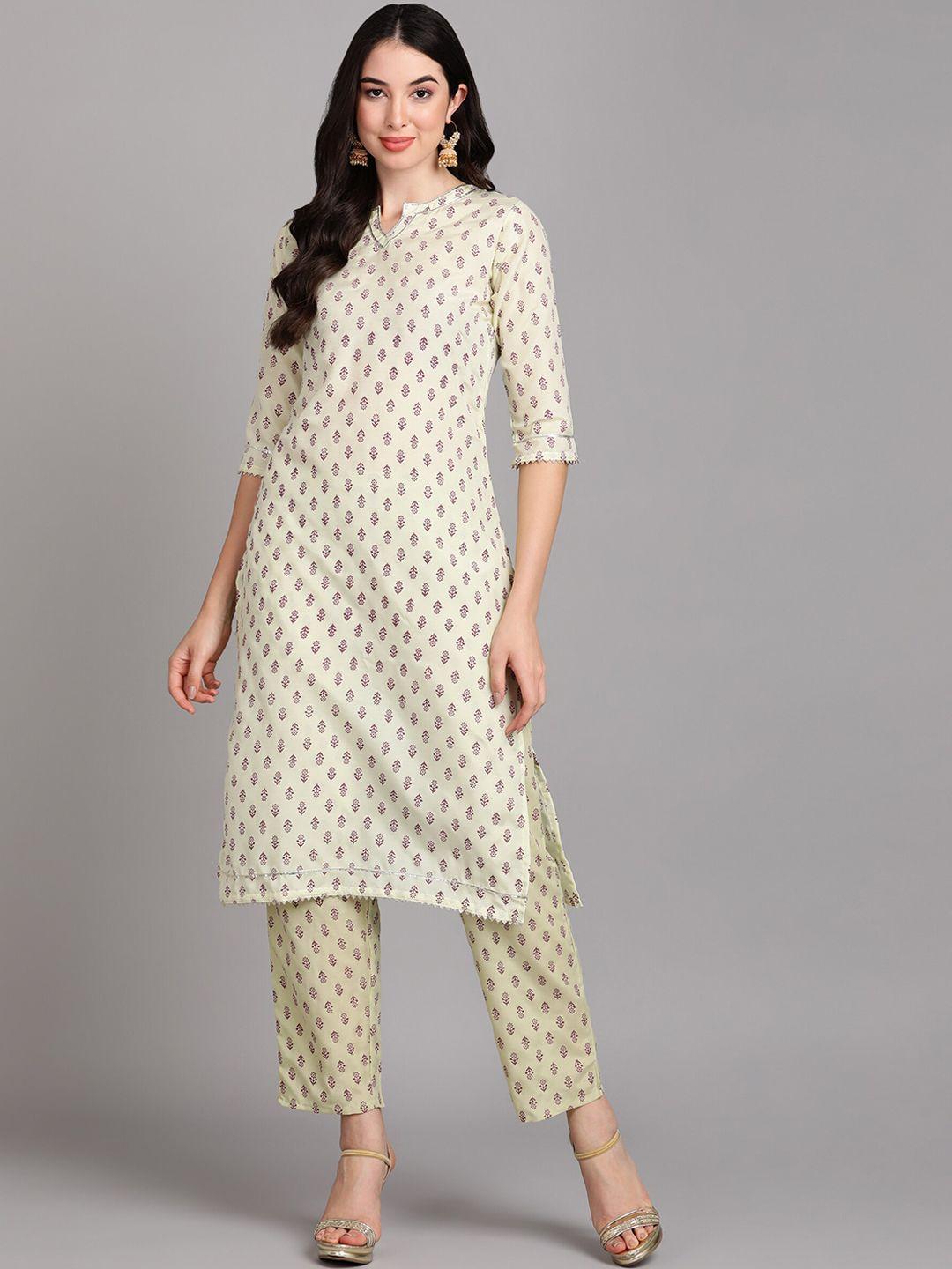 v tradition women green floral printed regular gotta patti kurta with trousers