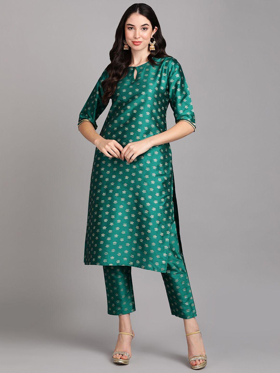 v tradition women green floral printed regular gotta patti kurta with trousers