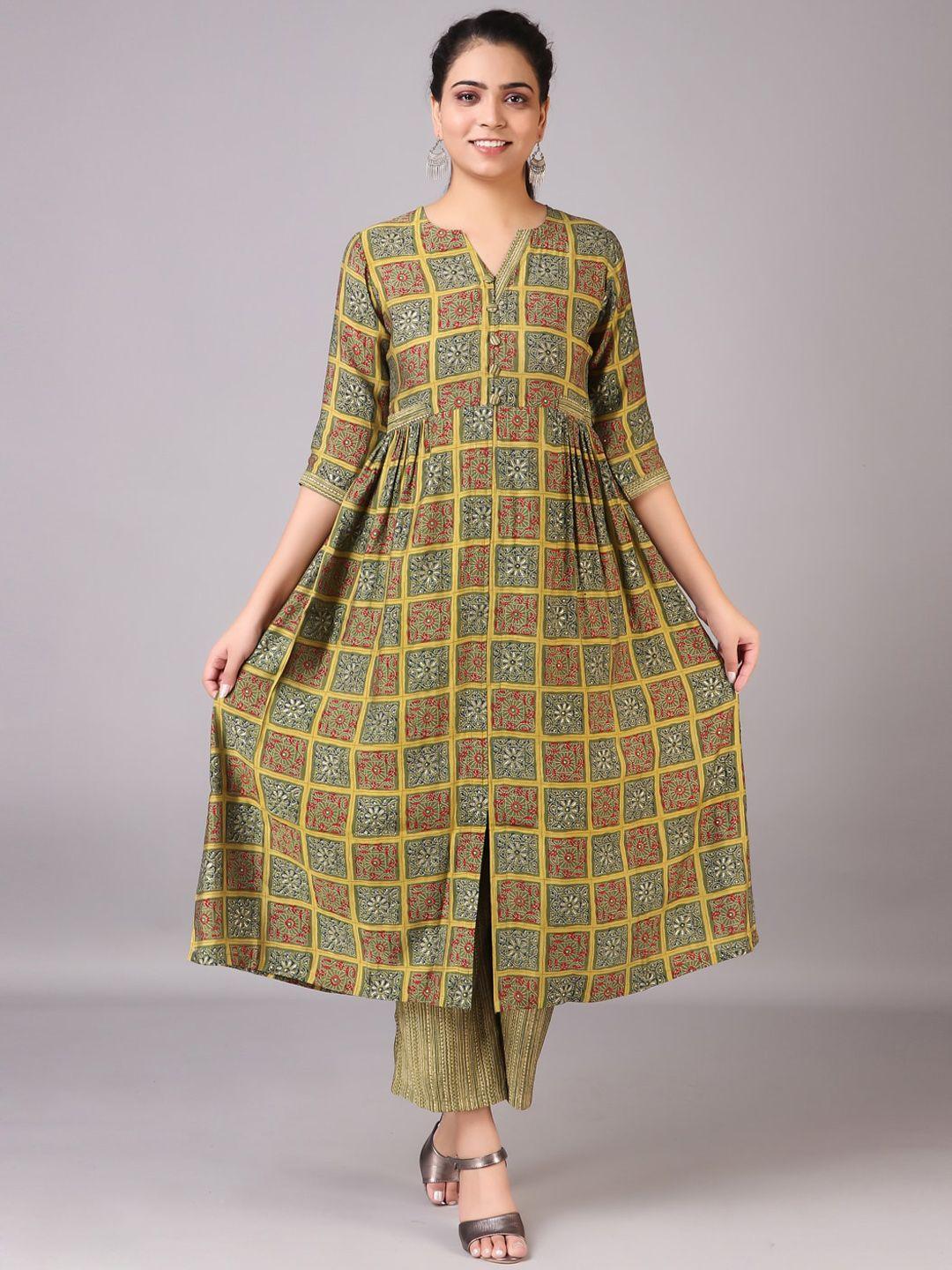 v tradition women green printed kurta with trouser