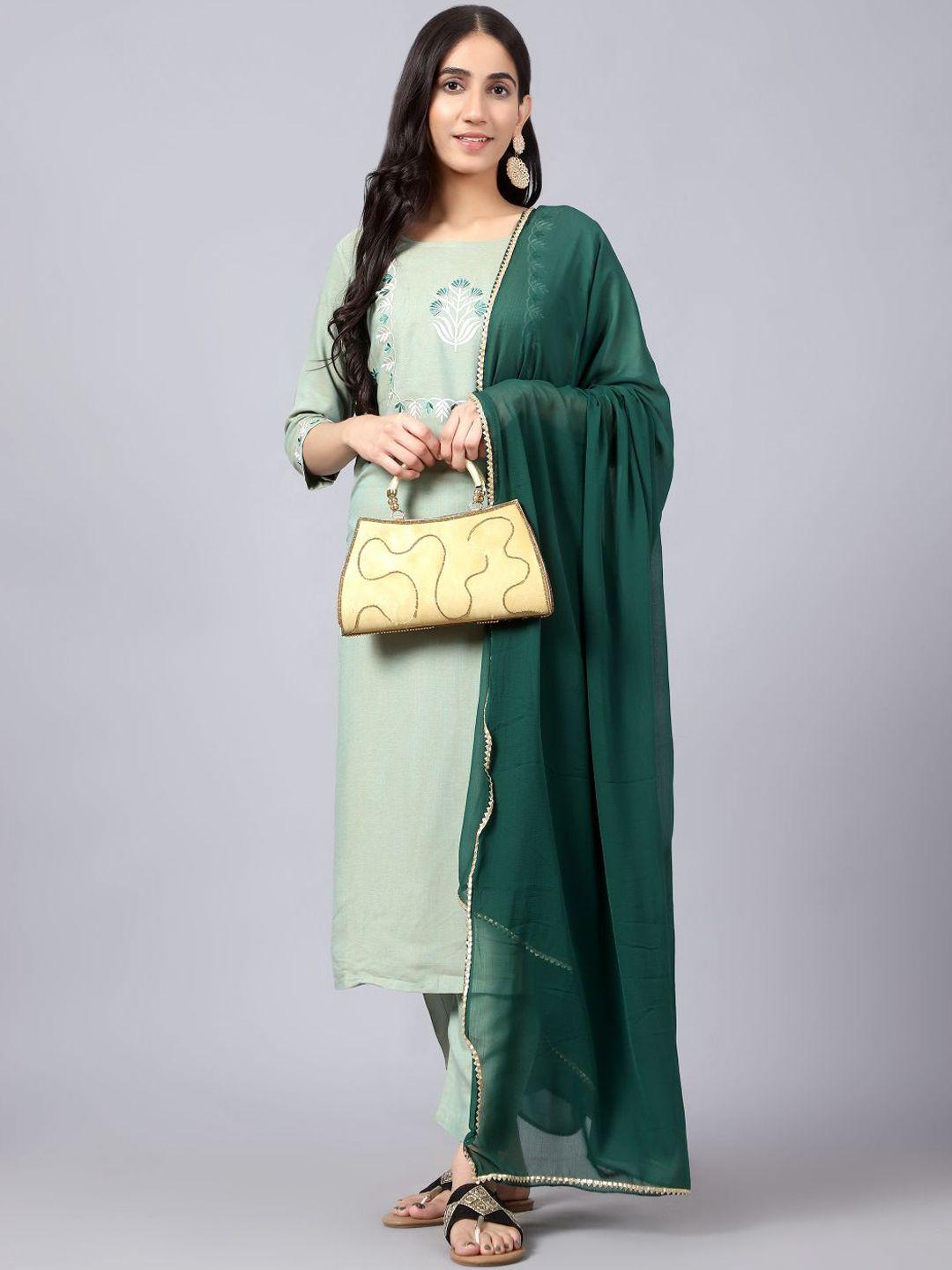 v tradition women green printed kurta with trousers & with dupatta