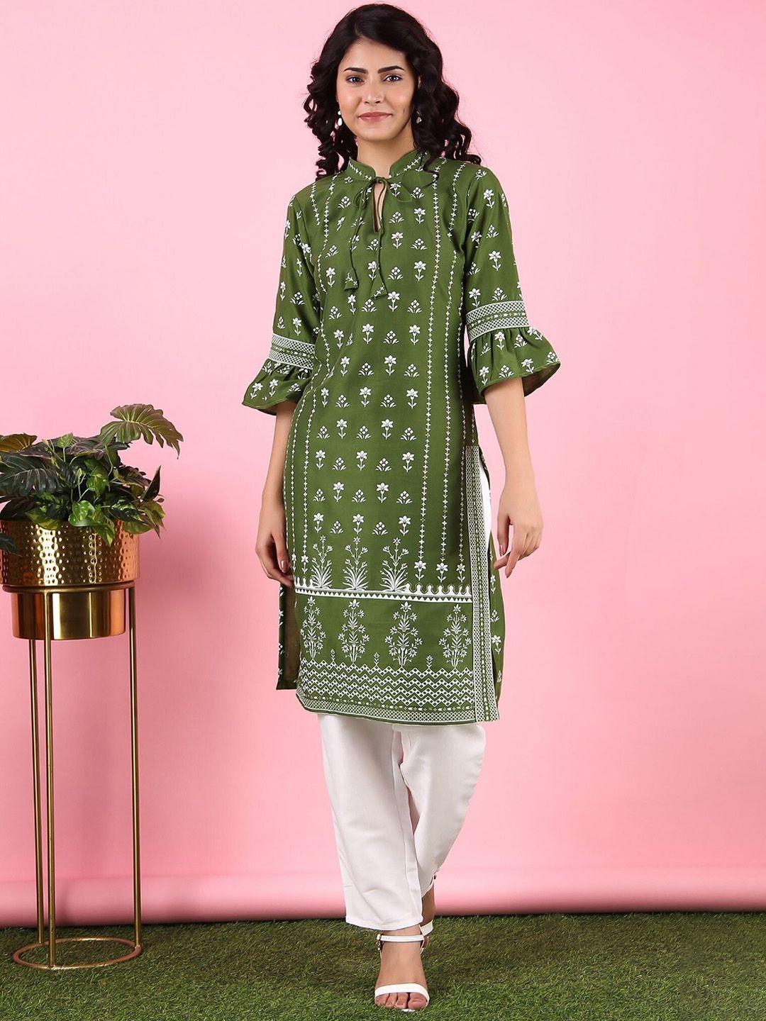 v tradition women green printed kurta with trousers