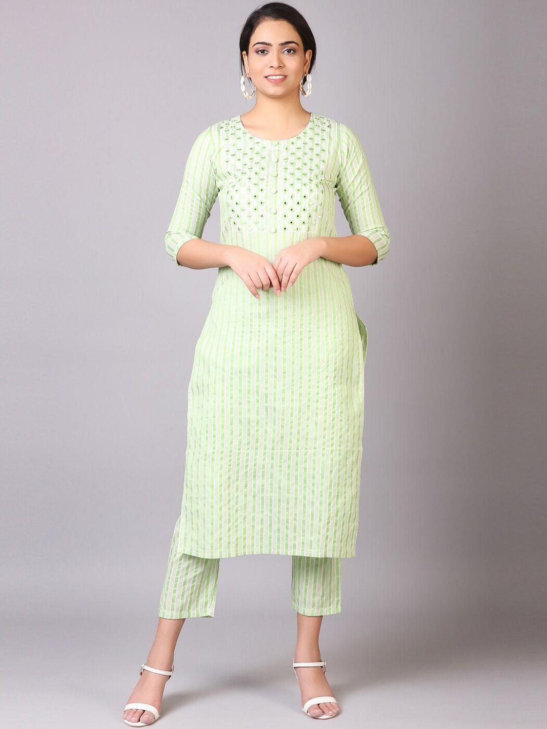 v tradition women green striped kurta with trousers