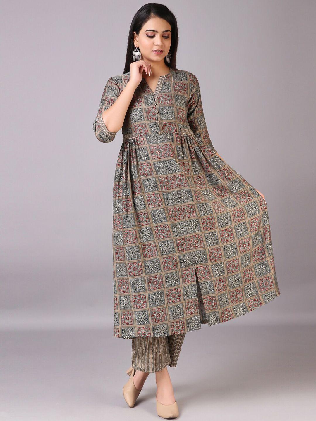 v tradition women grey ethnic motifs printed pleated kurti with trousers