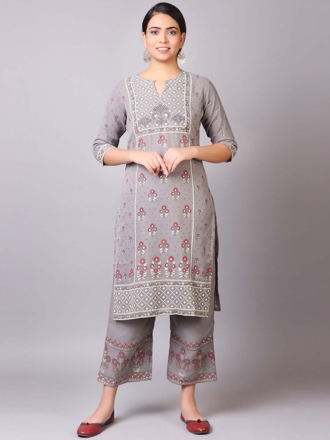 v tradition women grey floral embroidered kurta with palazzos
