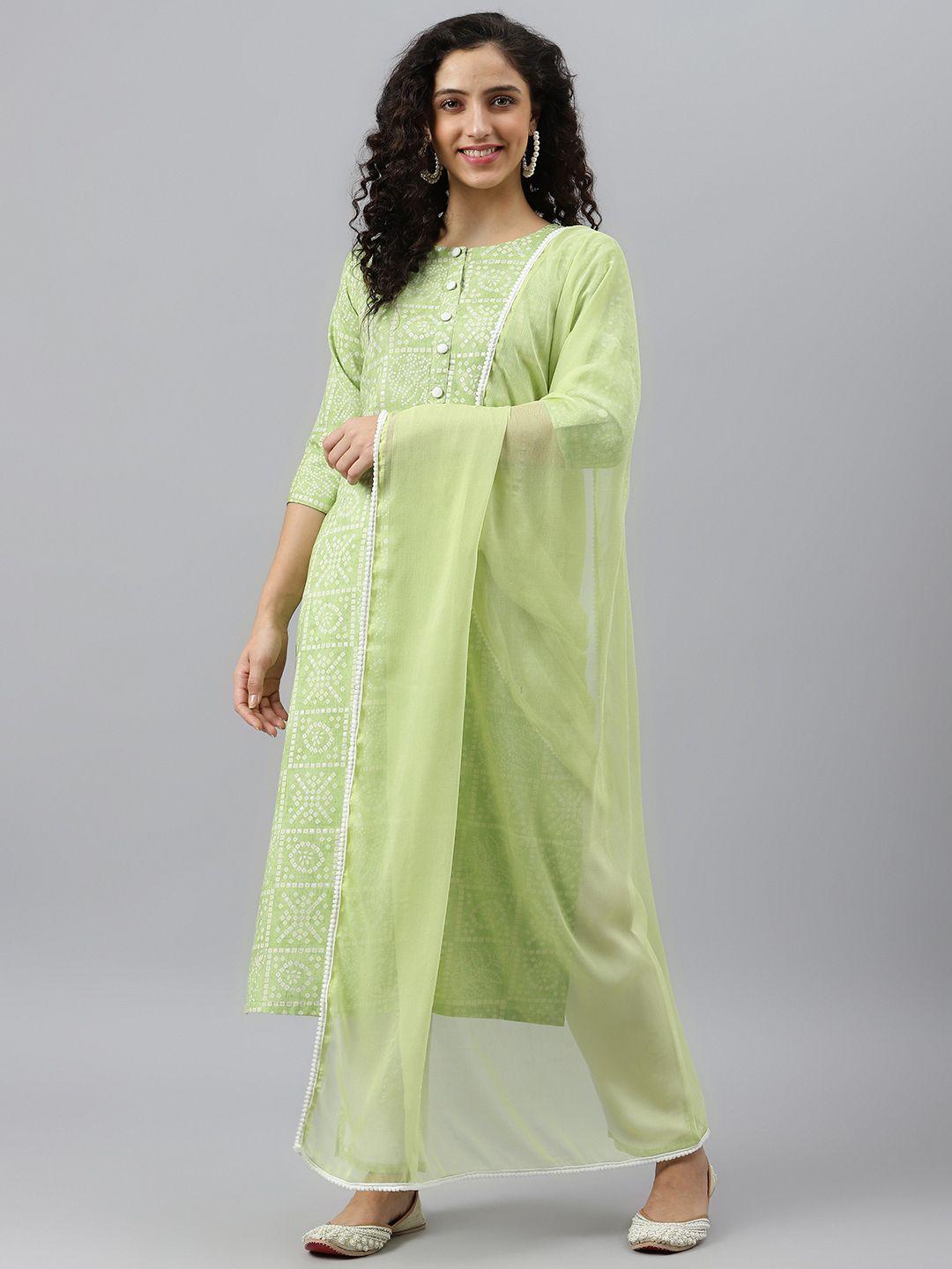 v tradition women lime green bandhani printed kurta with trousers & dupatta
