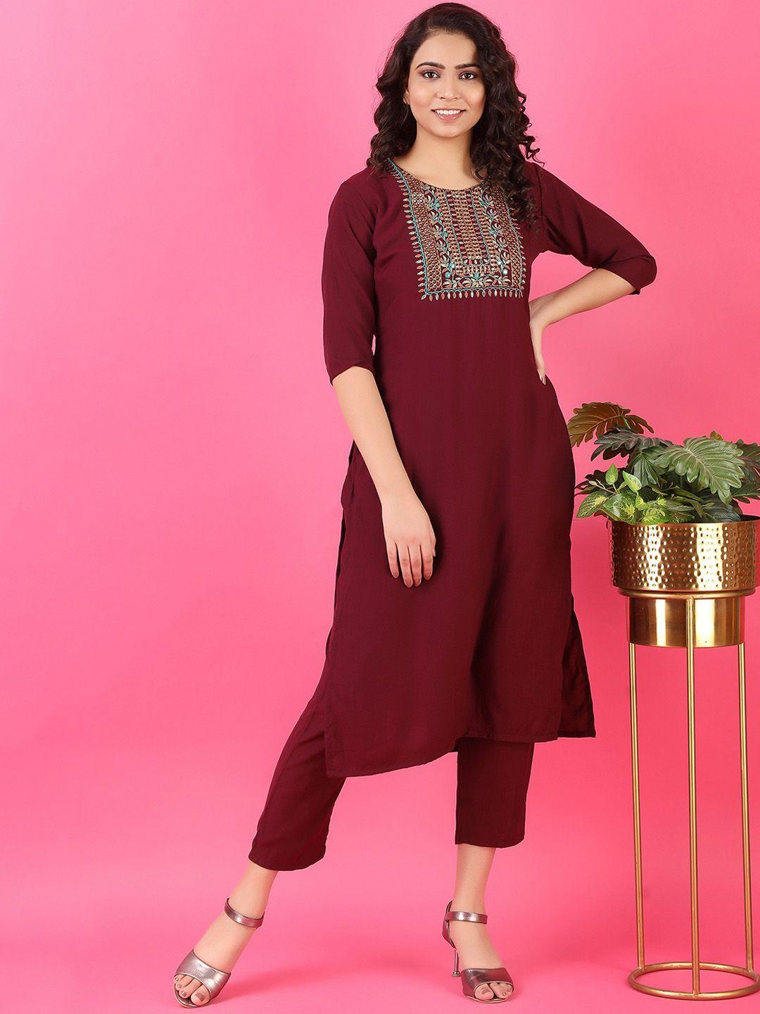 v tradition women maroon embroidered kurta with trousers