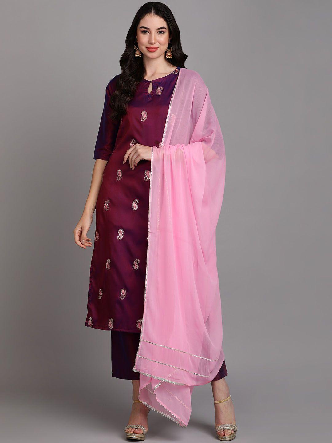v tradition women maroon paisley embroidered regular sequinned kurta with trousers & with dupatta