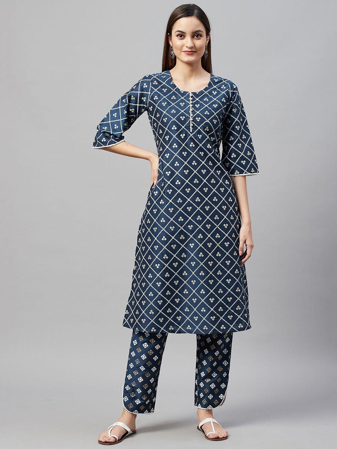 v tradition women navy blue & white geometric print kurta with trousers