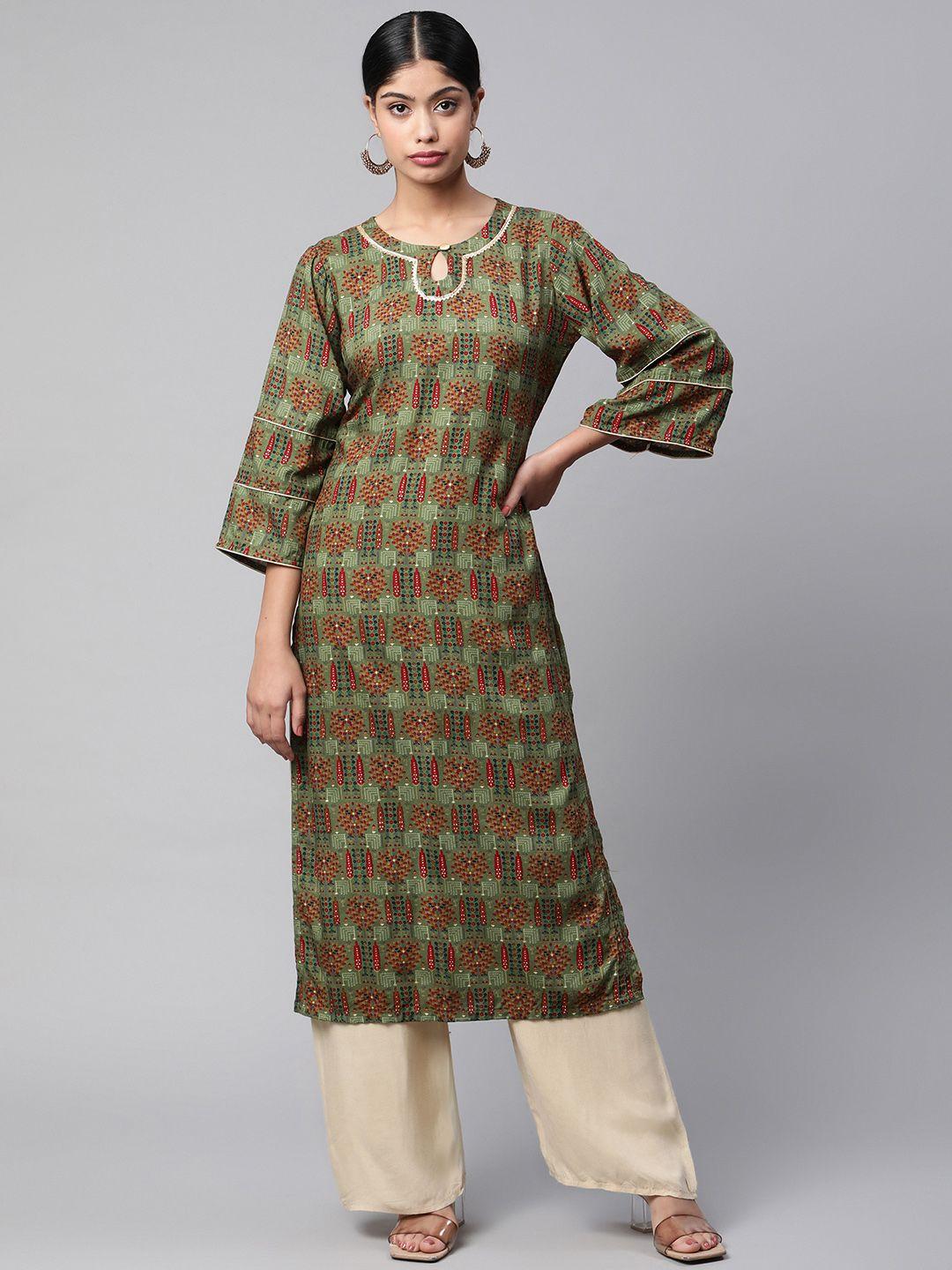 v tradition women olive green & multicoloured ethnic motifs printed gotta patti kurta