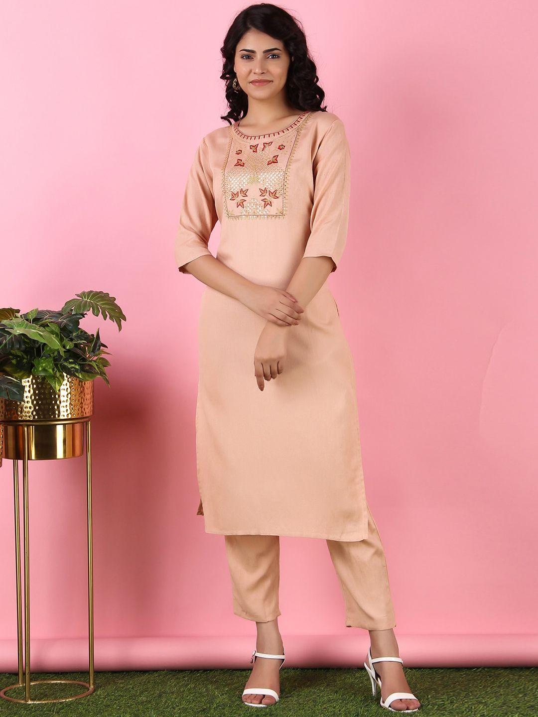 v tradition women peach-coloured ethnic motifs embroidered kurta with trousers