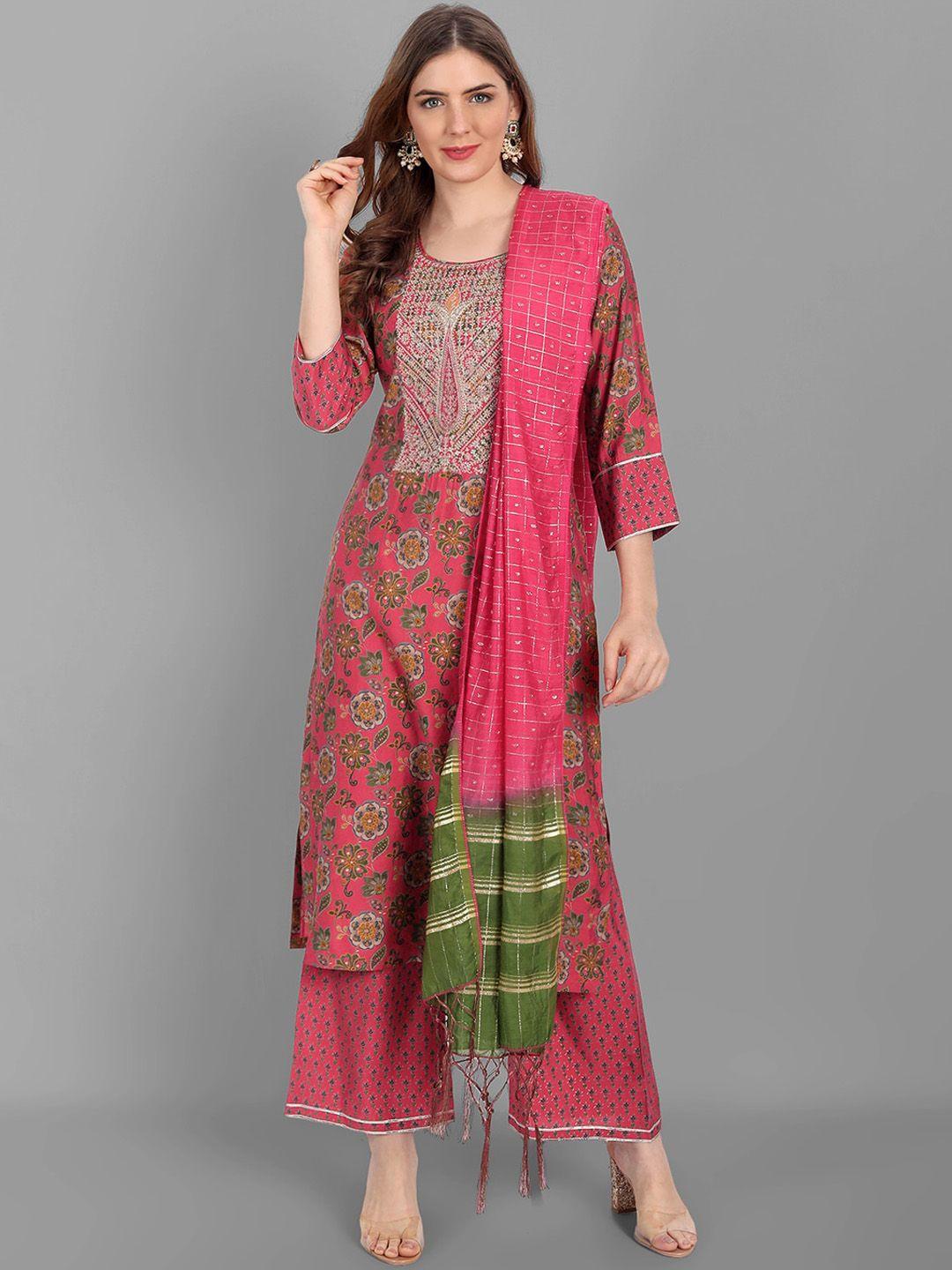 v tradition women pink ethnic motifs printed kurta with palazzos & with dupatta