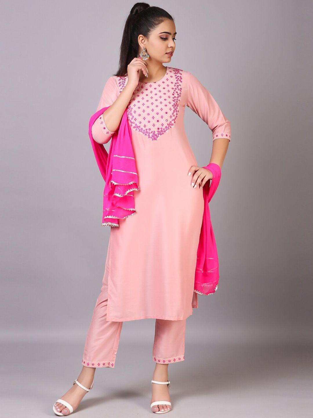 v tradition women pink mirror work kurta with trousers & with dupatta