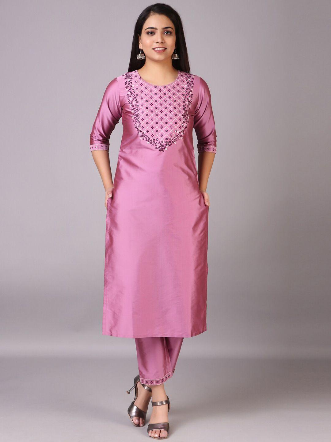 v tradition women purple floral embroidered mirror work kurta with trousers & with dupatta