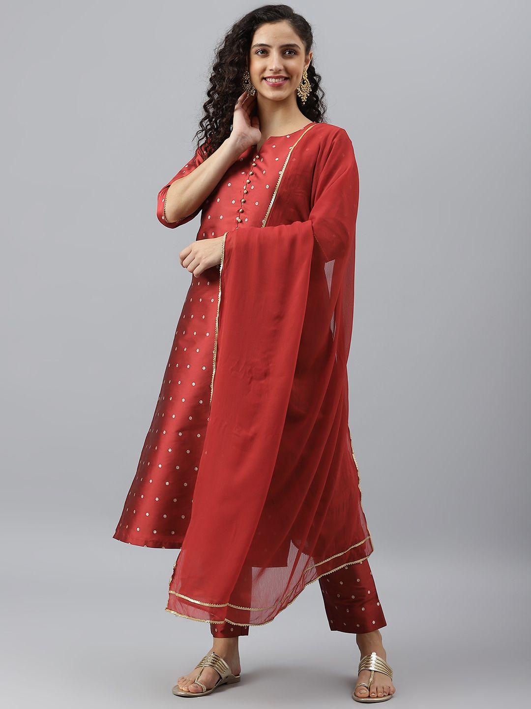 v tradition women red woven design kurta with trousers & dupatta