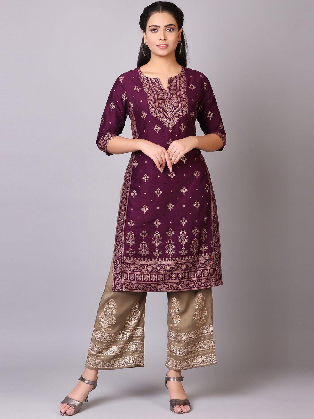 v tradition women violet ethnic motifs embroidered kurta with palazzos