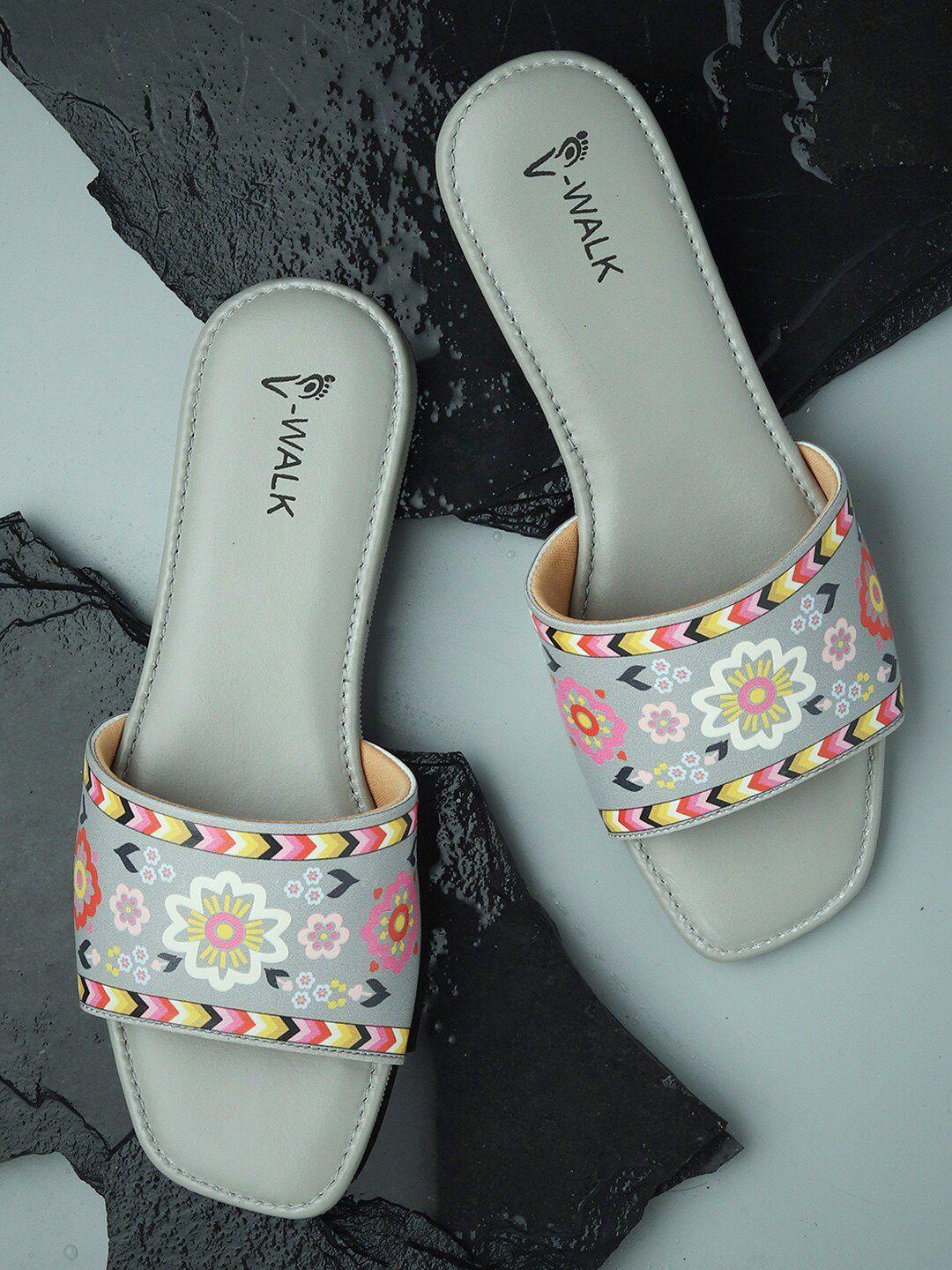 v-walk women grey embellished ethnic open toe flats