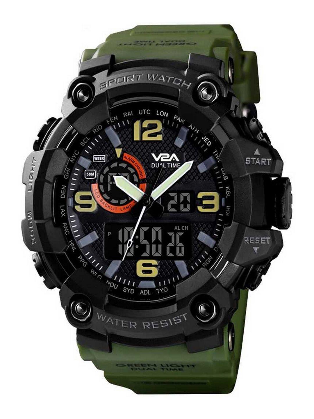 v2a men black dial & green straps analogue and digital multi function watch v2a-1520-green