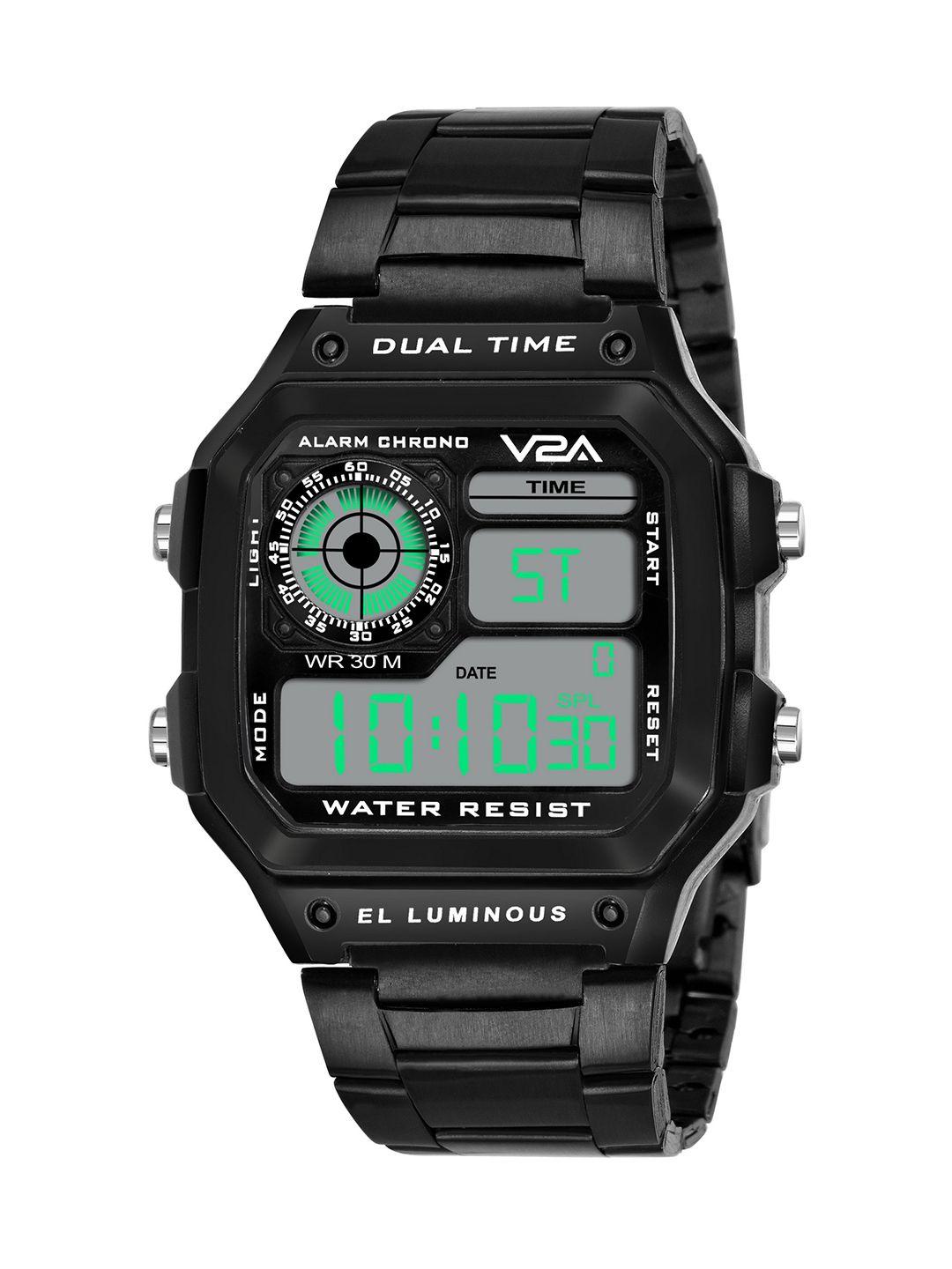 v2a men black patterned dial & black steel straps digital multi function watch v2a-1335