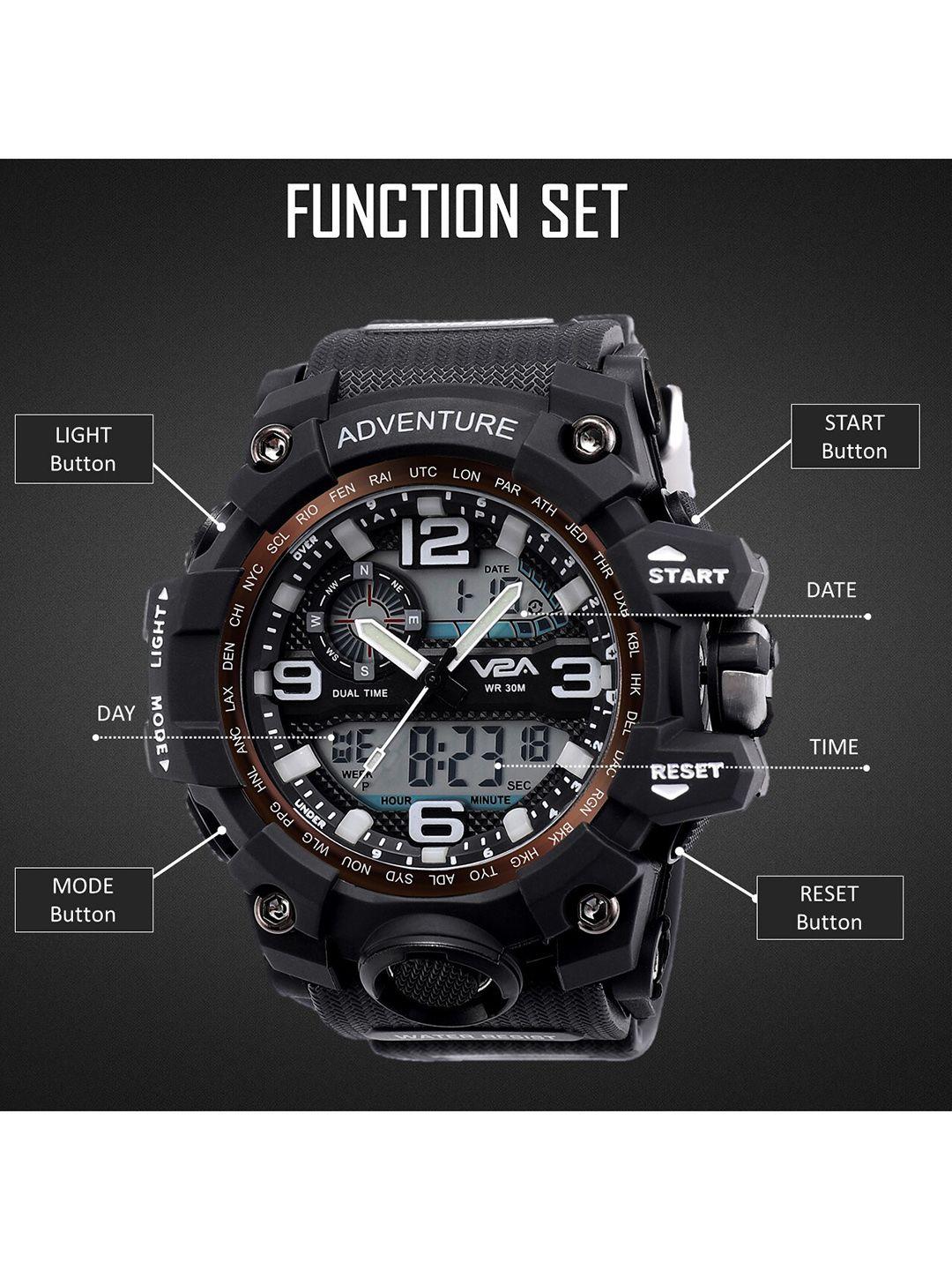 v2a men black patterned dial & black straps analogue and digital multi function watch
