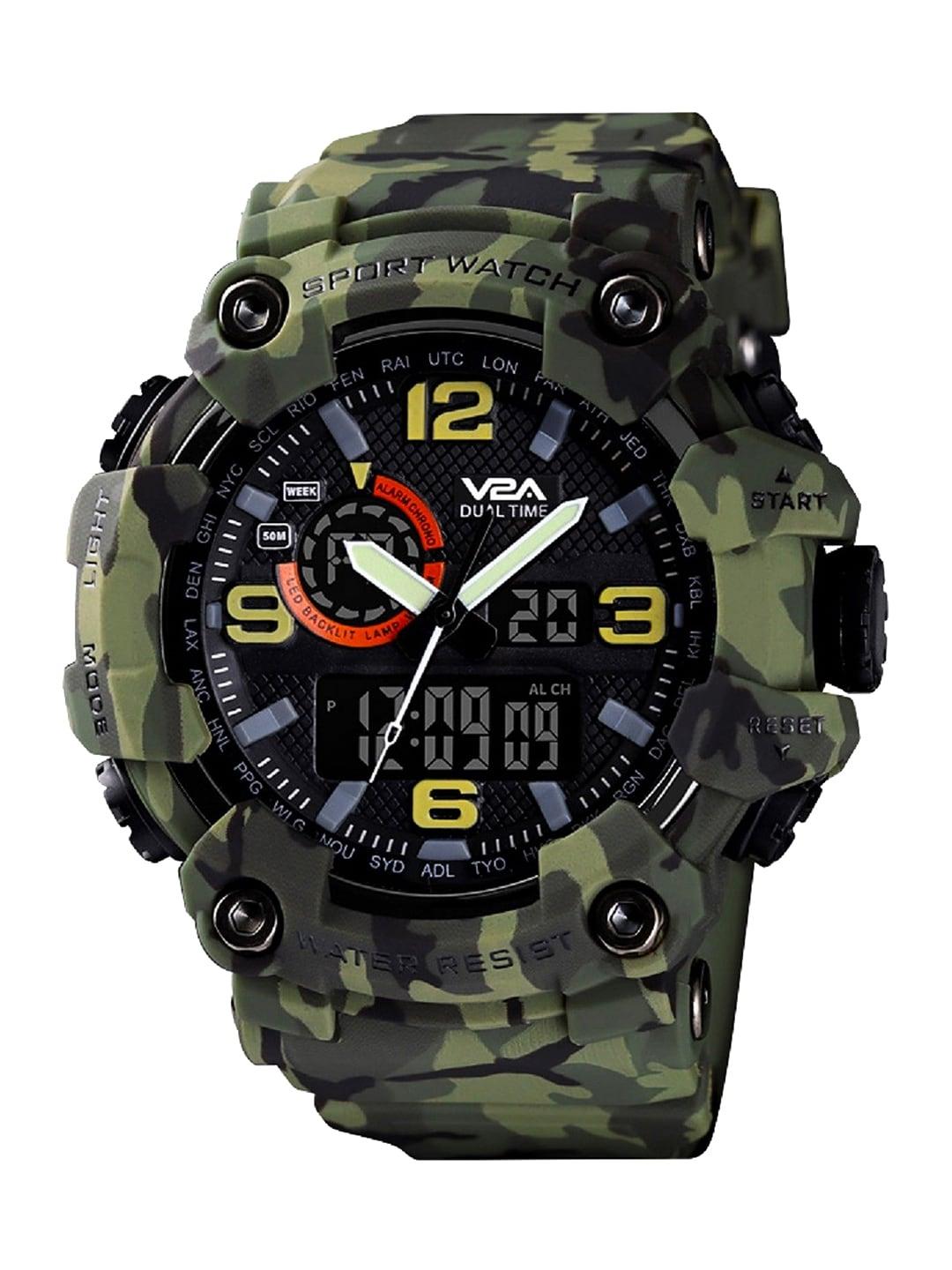 v2a men textured multi function analogue and digital watch- v2a-1520-camogreen-01