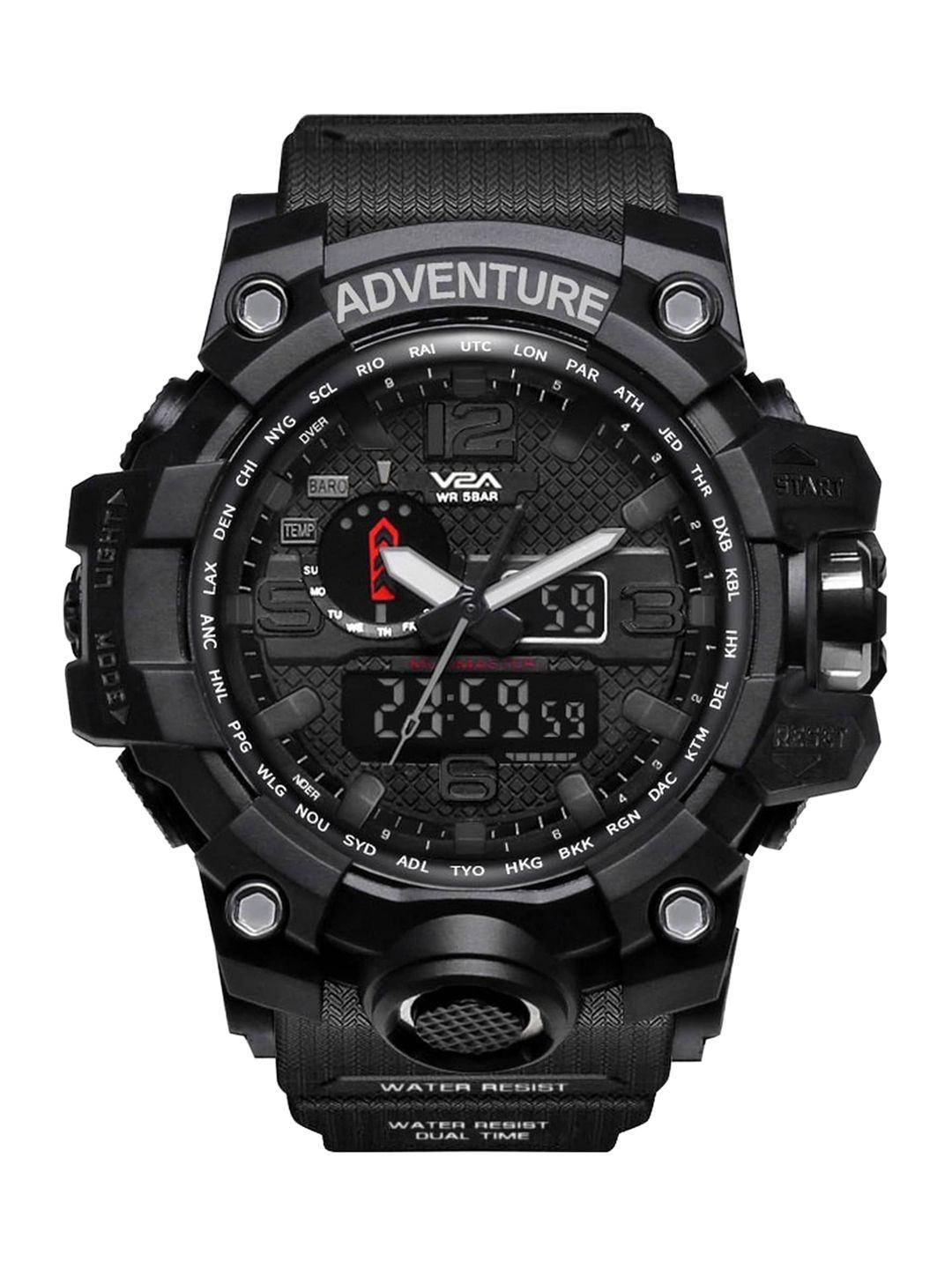 v2a men black patterned dial & black straps analogue and digital watch v2a-1545-black