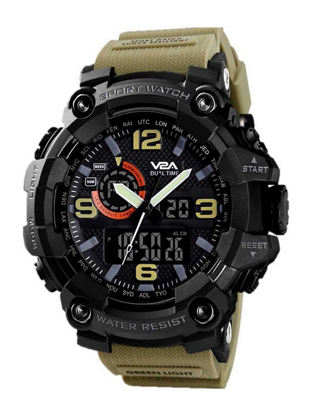 v2a men brown patterned dial & brown straps analogue and digital multi function watch