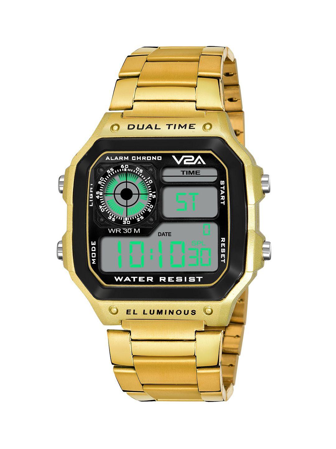 v2a men gold-toned dial & bracelet style straps digital multi function watch v2a