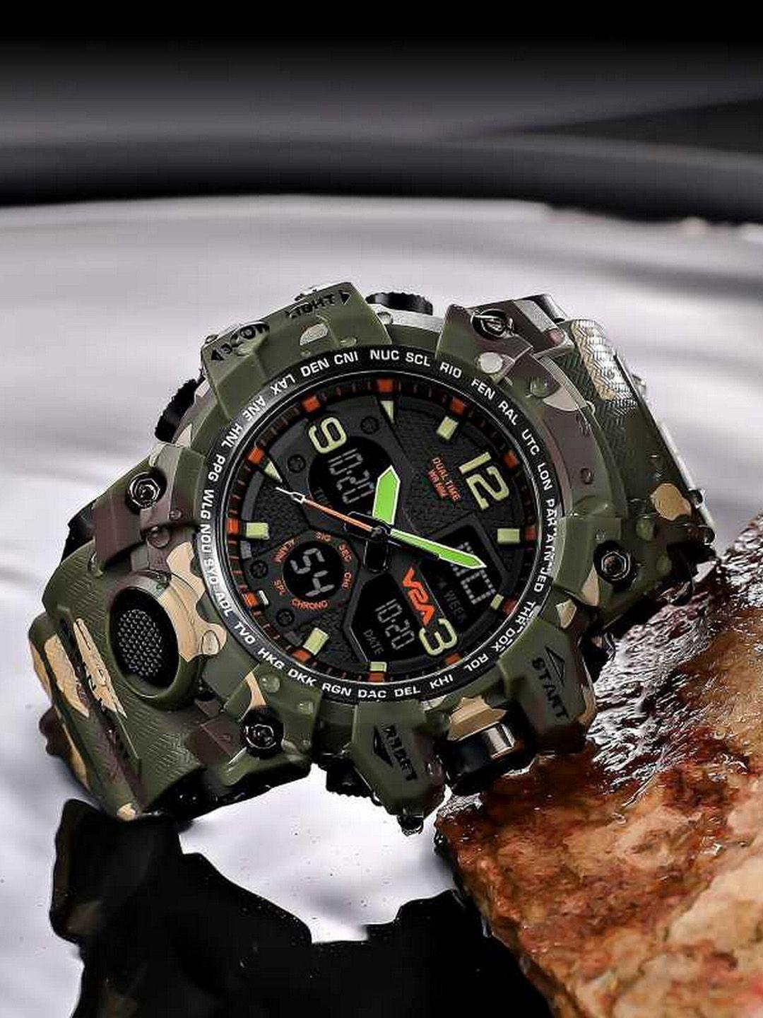 v2a men green printed dial & green straps analogue multi function watch