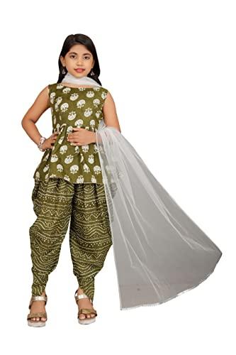 v2b enterprise girl's printed cotton round neck sleeveless ethnic wear kurta dhoti & dupatta set (f_n_c_290554_green_11 years-12 years)