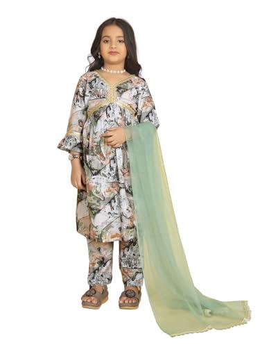 v2b enterprise girl's printed maslin v-neck 3/4 sleeve ethnic wear kurta bottom & dupatta set (f_n_c_290580_green_11 years-12 years)