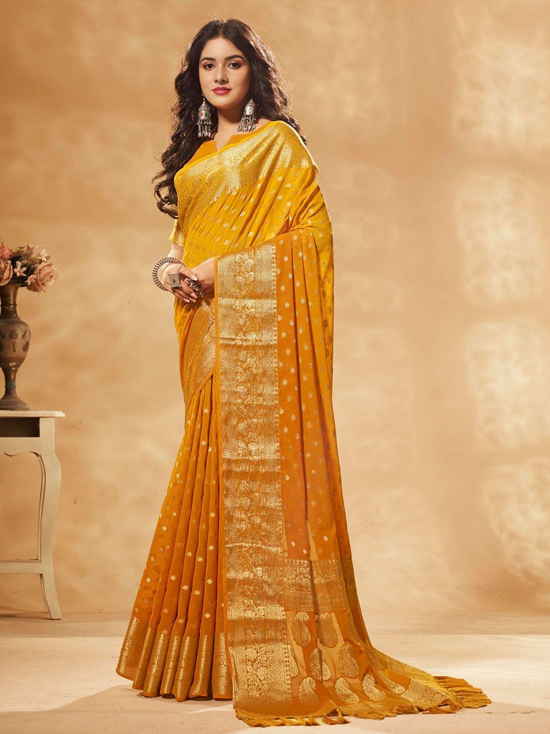 v3 fashion studio mustard & gold-toned woven design zari pure georgette banarasi saree