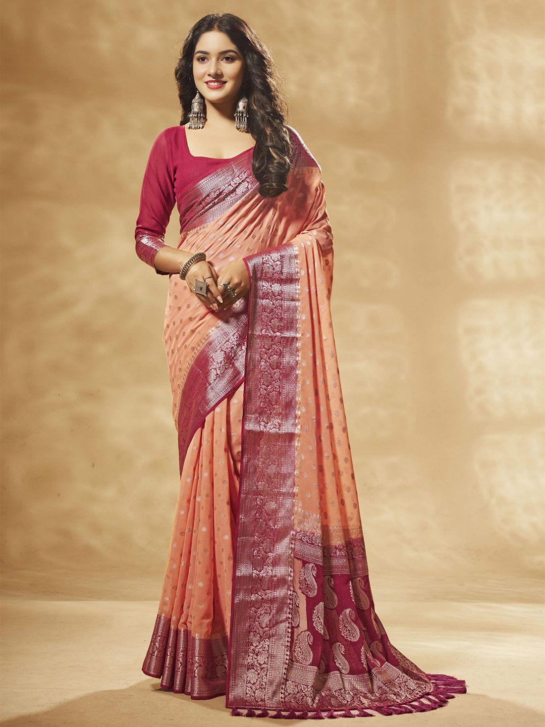 v3 fashion studio peach-coloured & silver-toned woven design zari pure georgette banarasi saree
