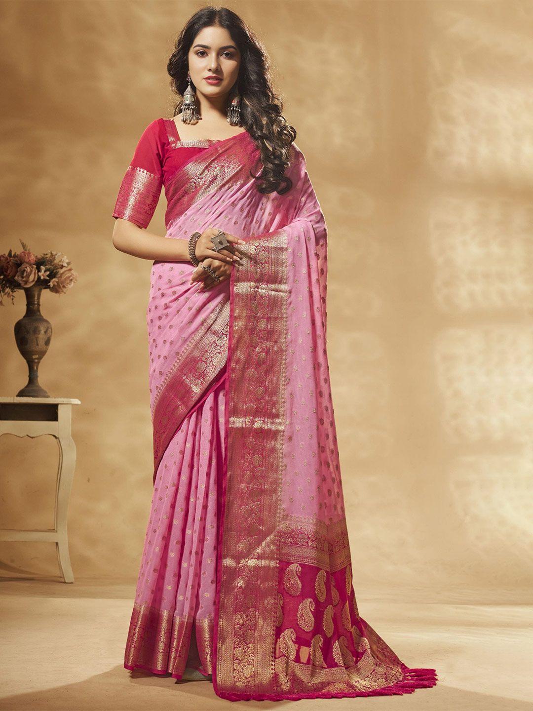 v3 fashion studio pink & gold-toned woven design zari pure georgette banarasi saree