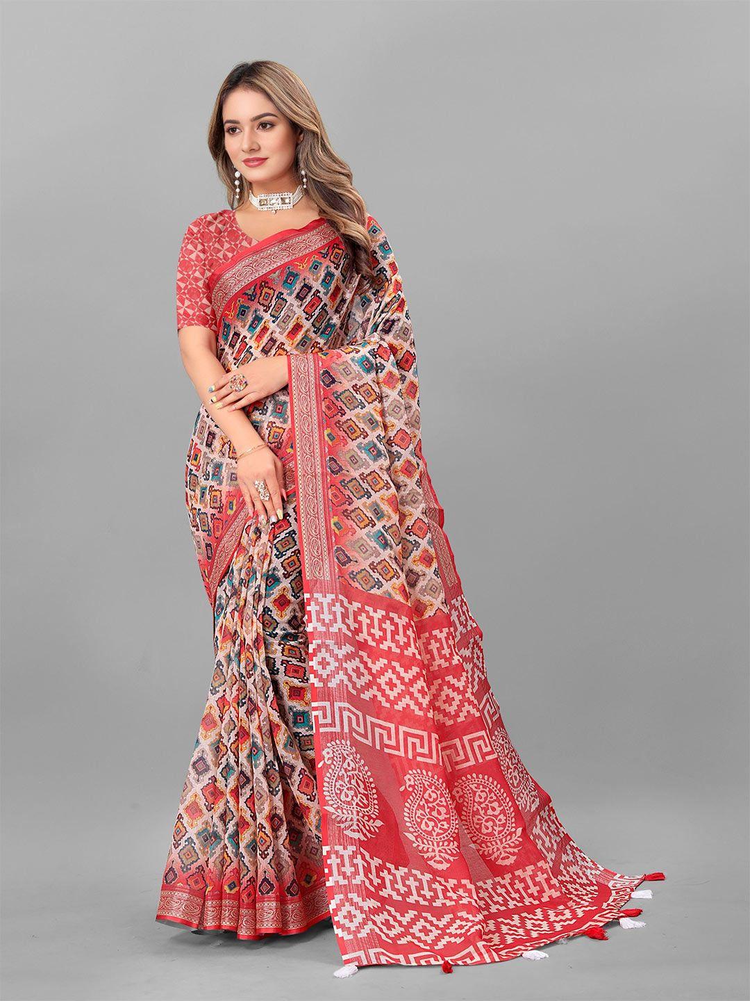 v3 fashion studio printed zari pure linen ikat saree