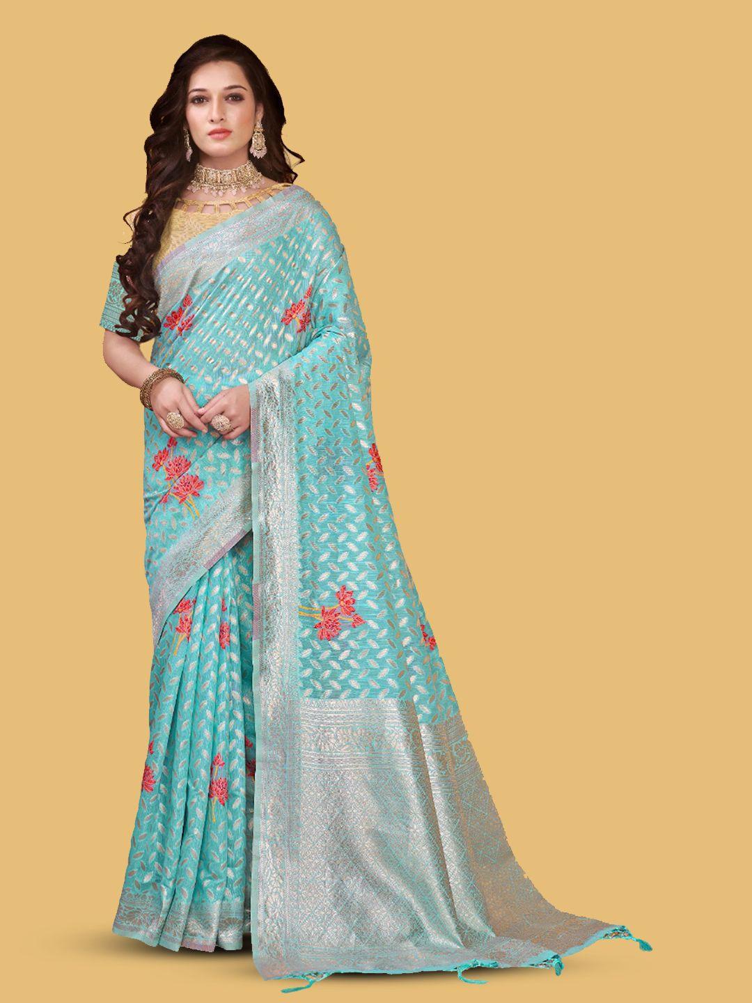 v3 fashion studio floral  woven design zari pure linen banarasi saree