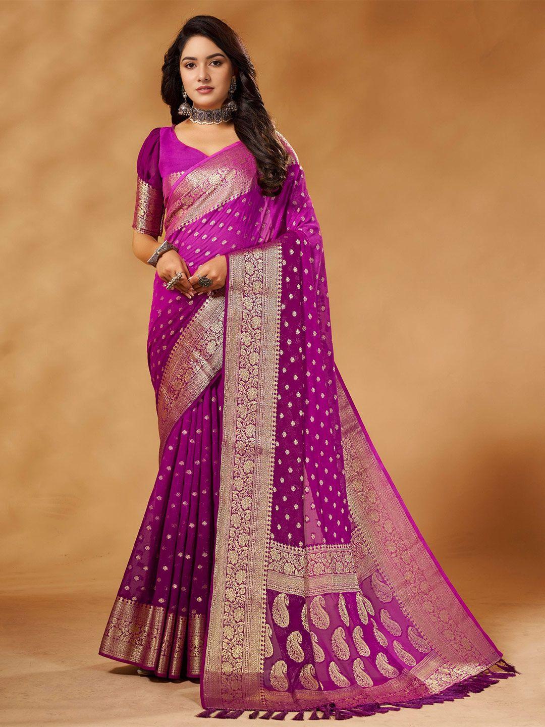 v3 fashion studio purple & gold-toned woven design zari pure georgette banarasi saree