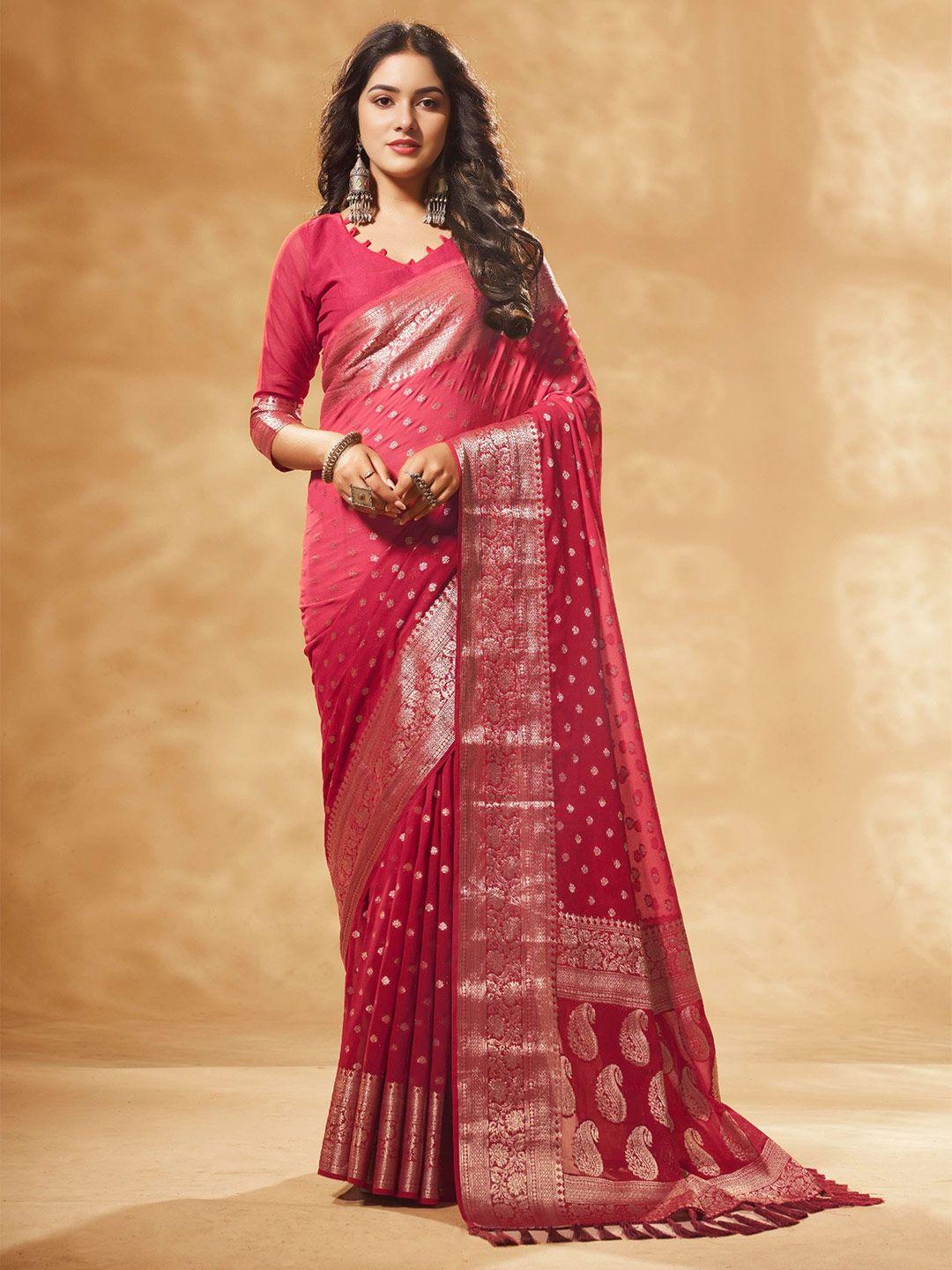 v3 fashion studio red & gold-toned woven design zari pure georgette banarasi saree