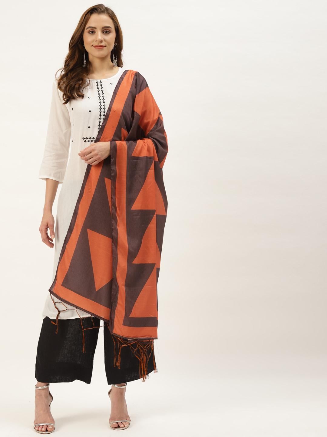 vaaba orange & brown geometric printed silk blend dupatta