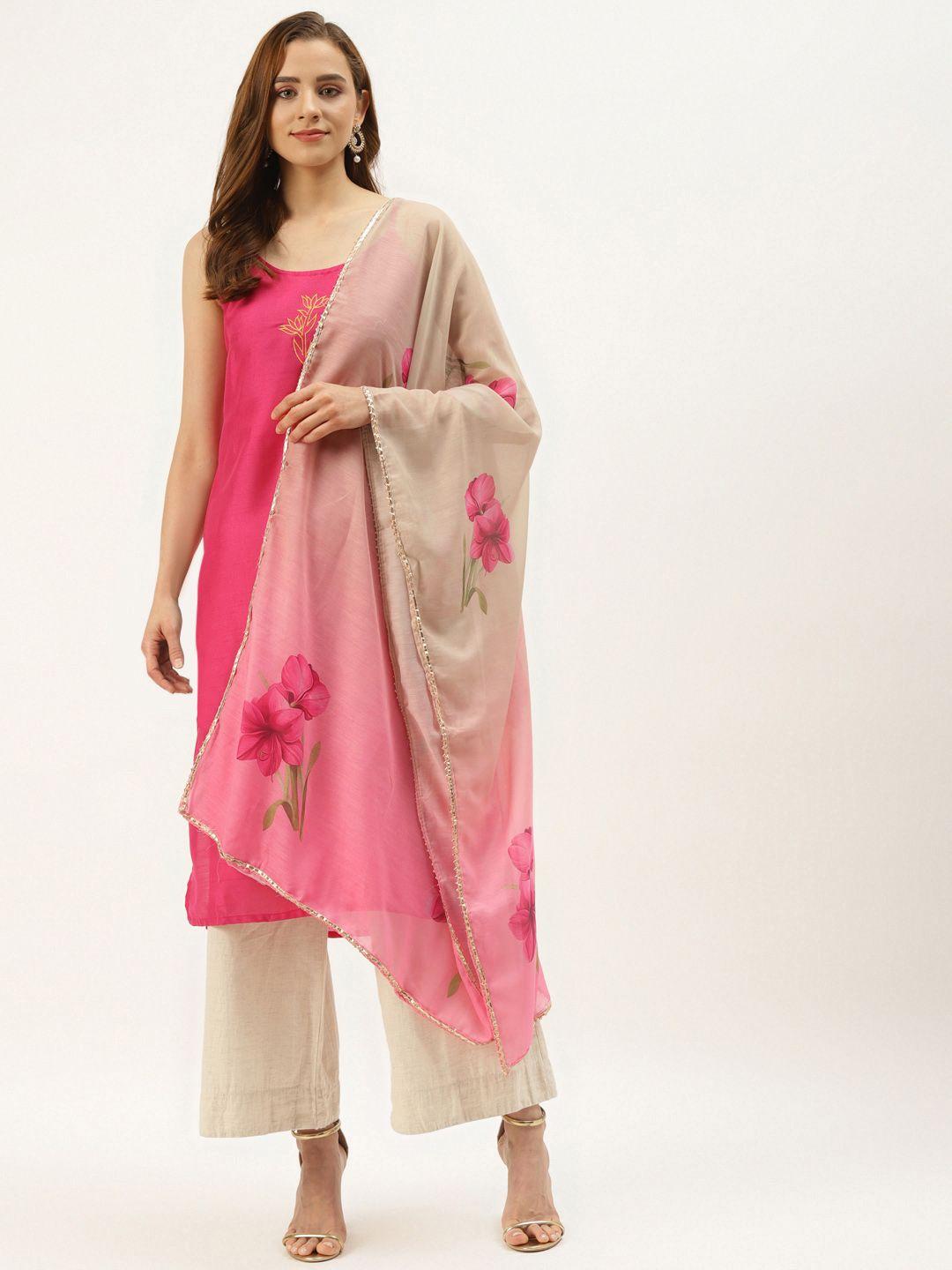 vaaba pink & beige printed cotton silk dupatta