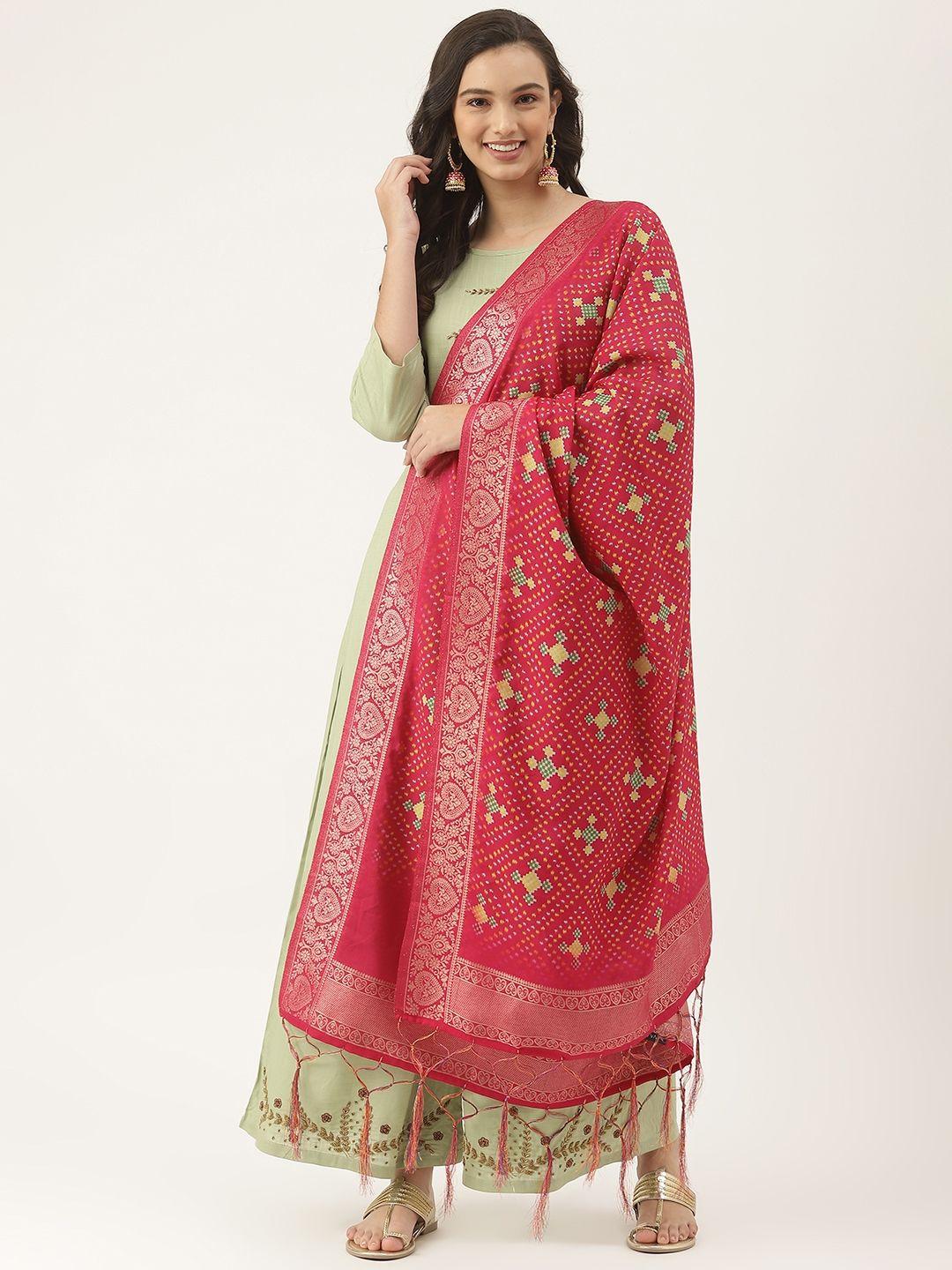 vaaba pink ethnic motifs printed bandhani dupatta with zari details