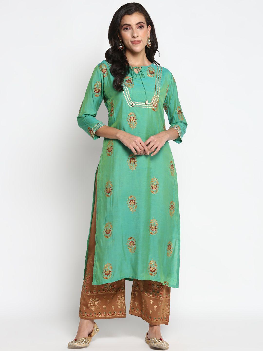 vaaba women green & brown ethnic motifs printed regular straight kurta with trousers