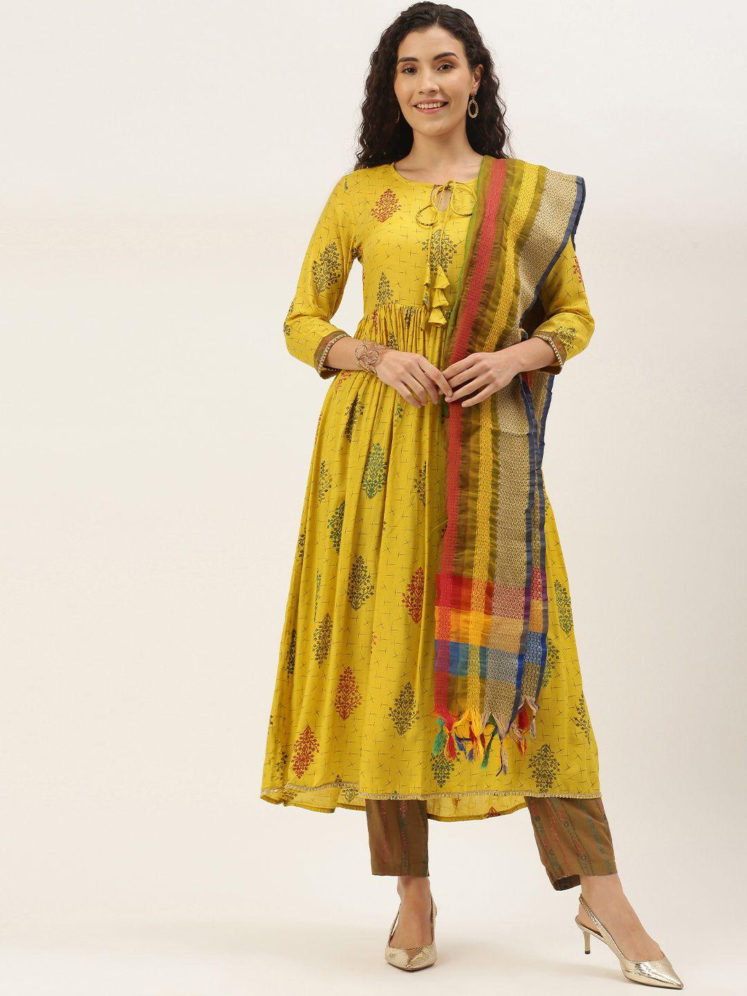 vaaba women yellow & brown ethnic motifs screen print kurta with trousers & dupatta
