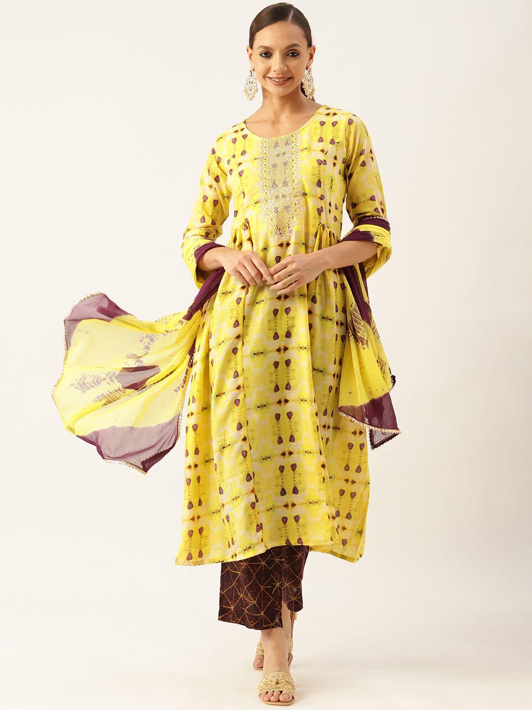 vaaba women yellow printed zardozi kurta with trousers & with dupatta