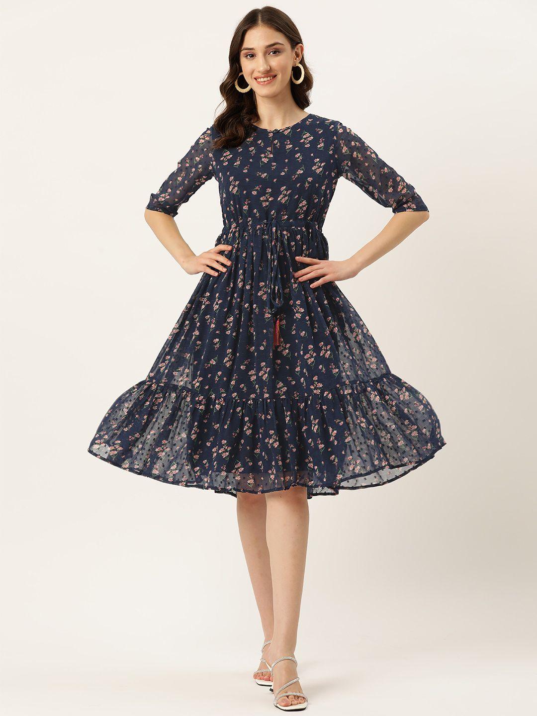 vaaba floral print keyhole neck tiered georgette a-line dress