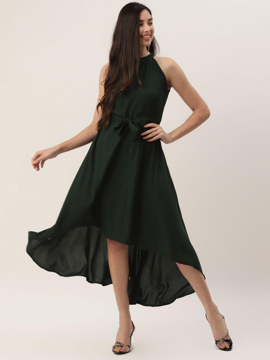 vaaba green solid high-low fit & flare dress
