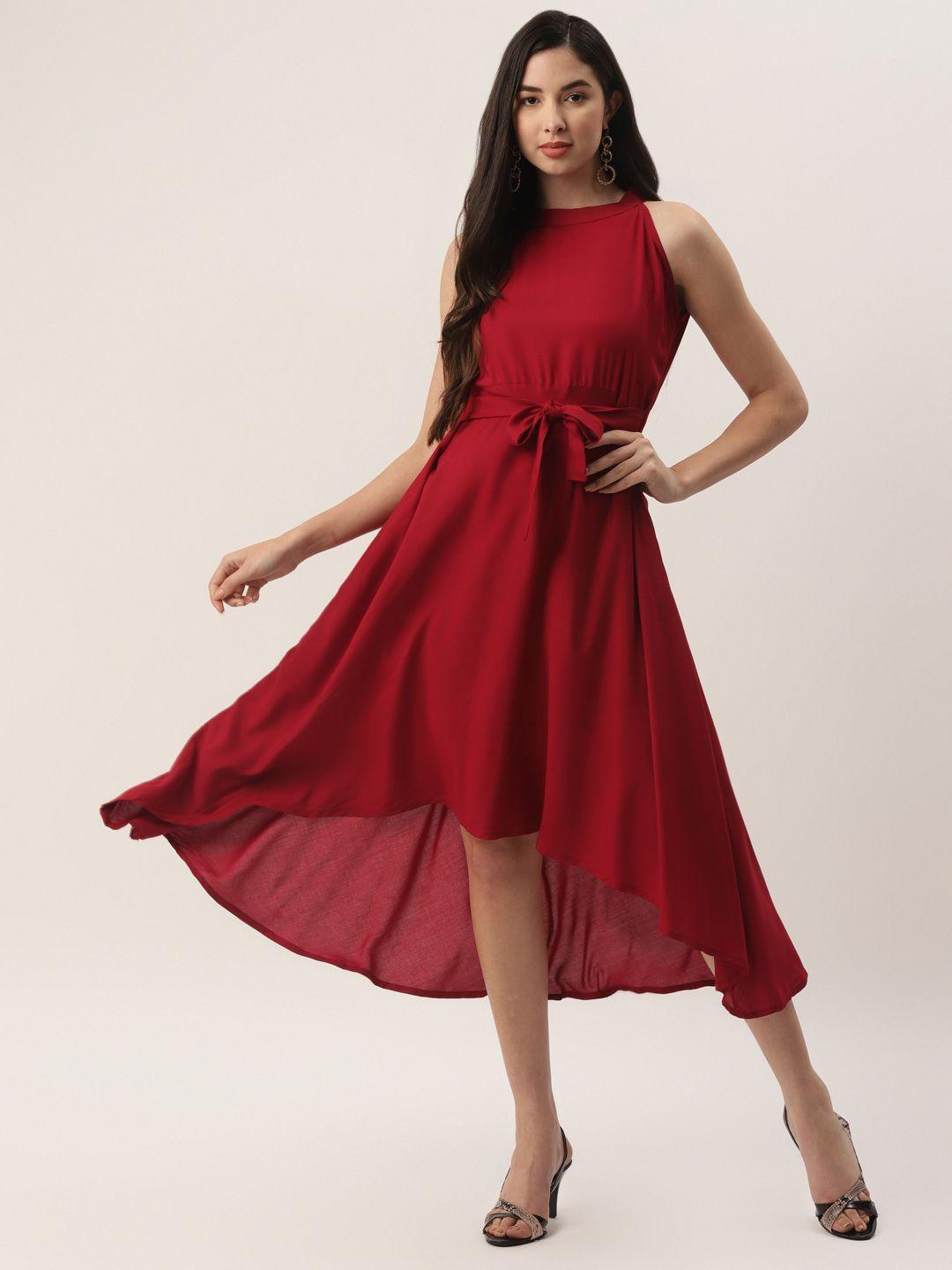 vaaba maroon solid high-low fit & flare dress