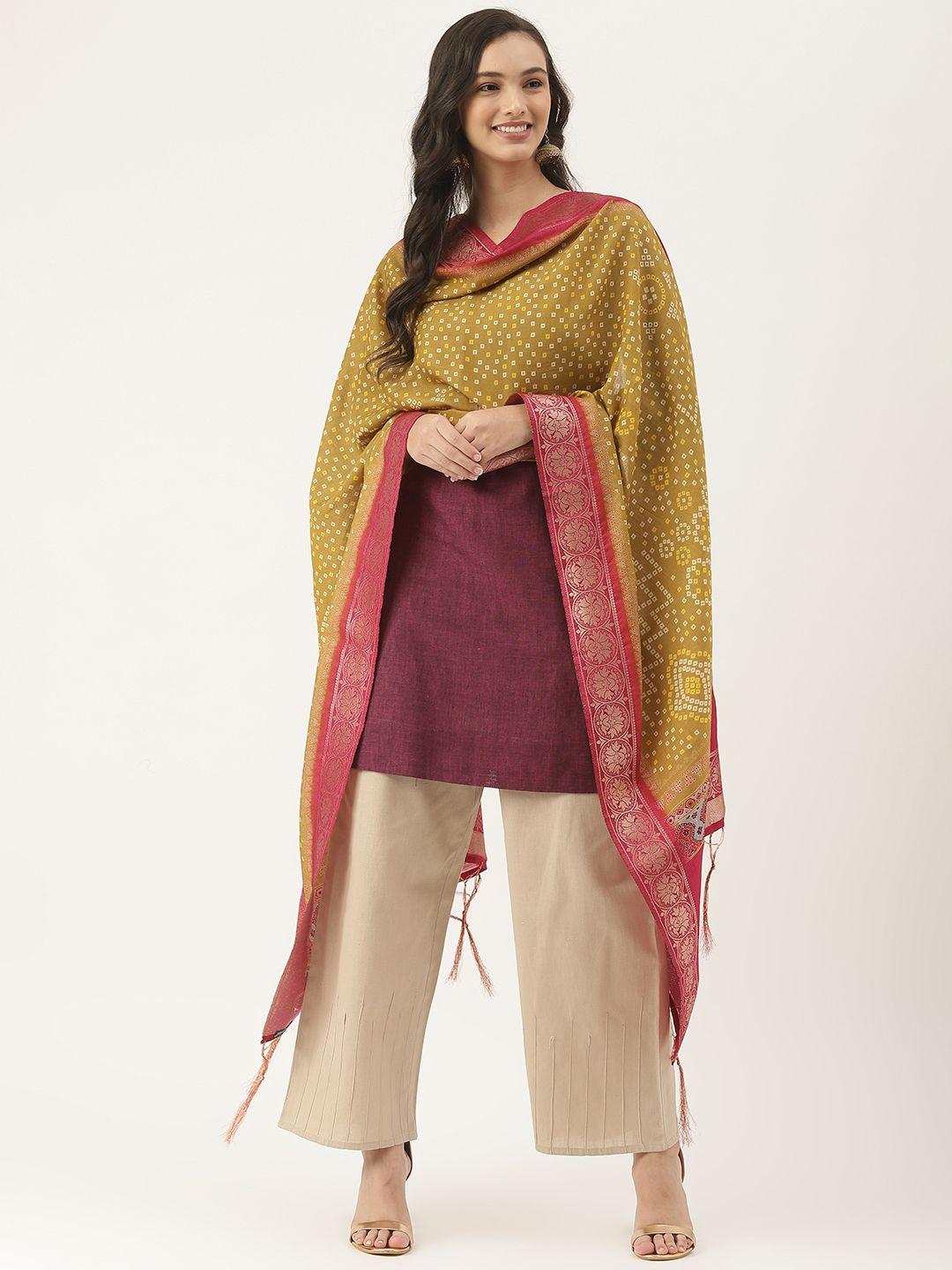 vaaba olive green & magenta printed bandhani dupatta with zari details