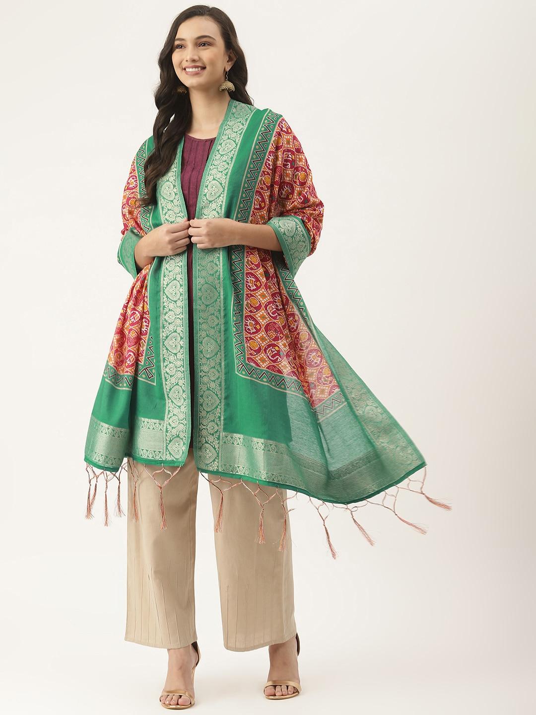 vaaba orange & sea green ethnic motifs printed bandhani dupatta with zari details